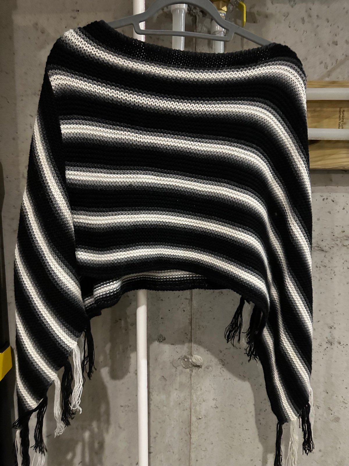 Black gray and white striped shawl. Fringe on hem. Boat neck, Great, Never worn