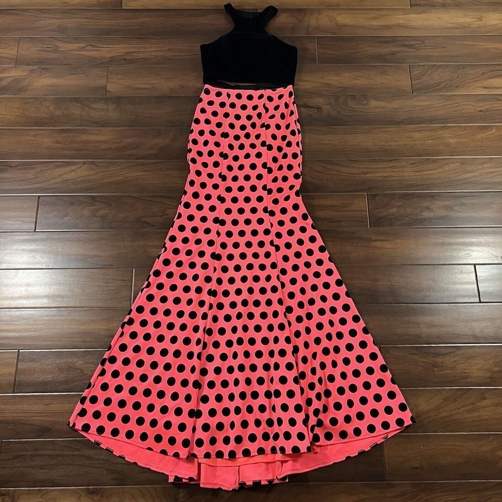 La Femme Size 2 Pink Black Velvet Polka Dot 2 Piece Set Prom Dress Skirt