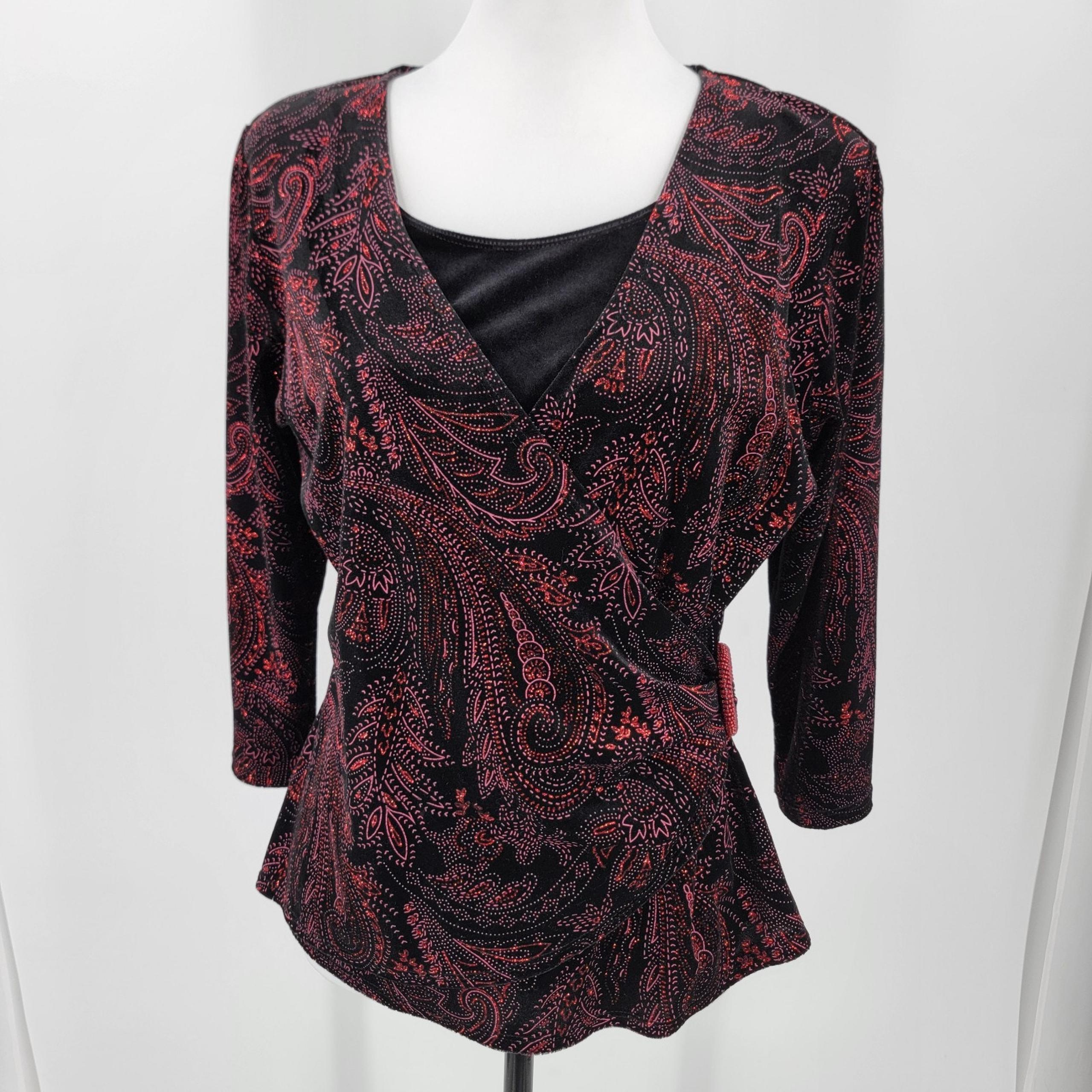Elementz Blouse Women's Petite Large Velvet Paisley Glitter Top Black Red