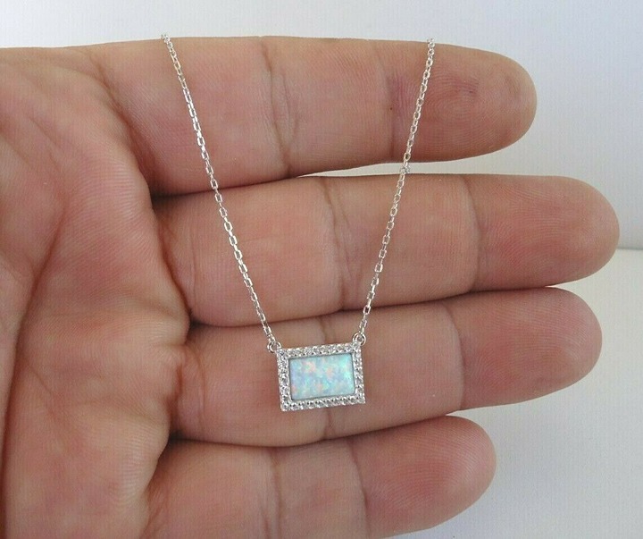 RECTANGLE OPAL NECKLACE PENDANT W/ LAB DIAMONDS / 925 STERLING SILVER / 18''