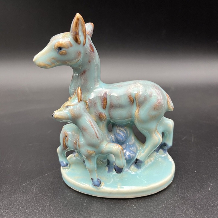VTG Bambi Doe Deer Fawn Ceramic Figurine Blue Brown 1950's 1960's MCM Glaze