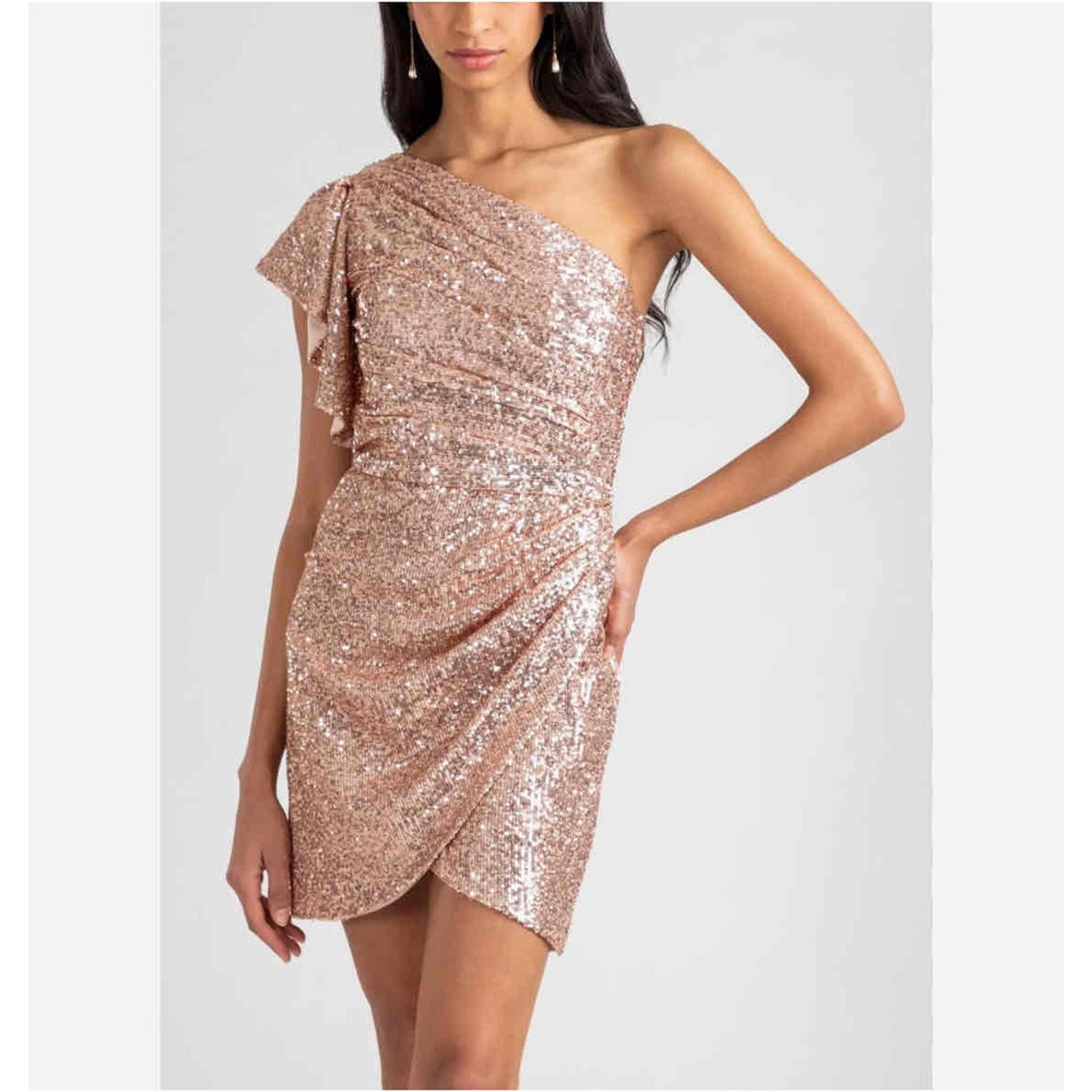 Shoshanna Dahlia Sequin One-Shoulder Ruffle Sleeve Minidress, Rose Gold / Pink,