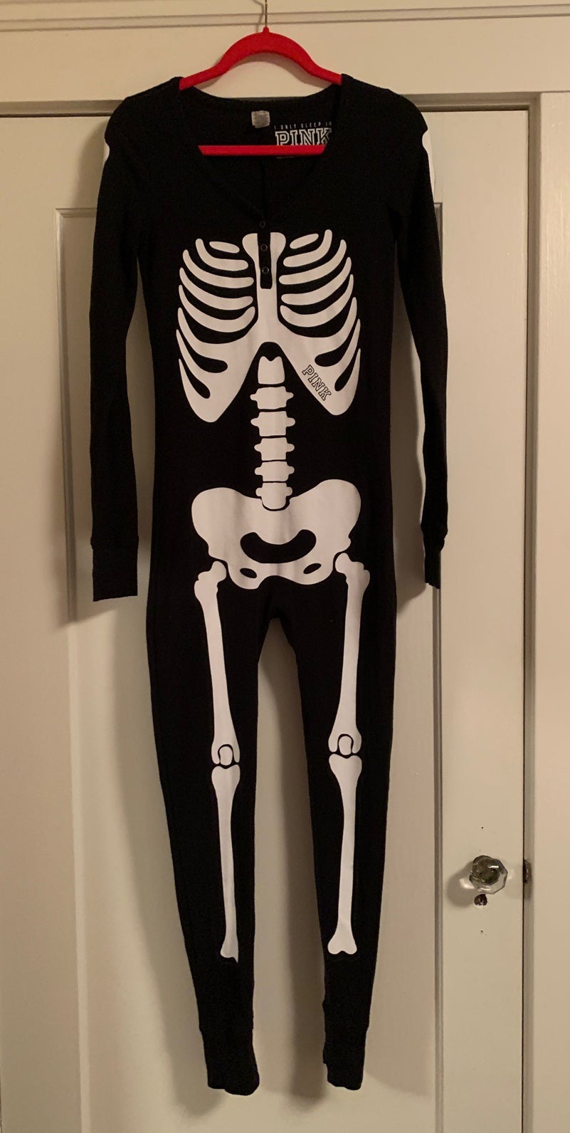 VICTORIA'S SECRET PINK HALLOWEEN SKELETON BONES THERMAL LONG JANE PAJAMAS SMALL