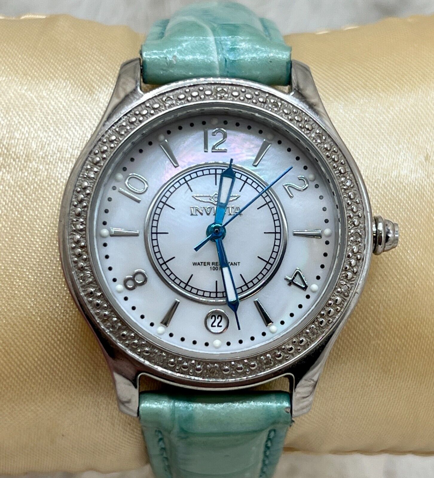 Invicta Mother of Pearl Dial Ladies Watch Teal Blue Leather Flame Fusion