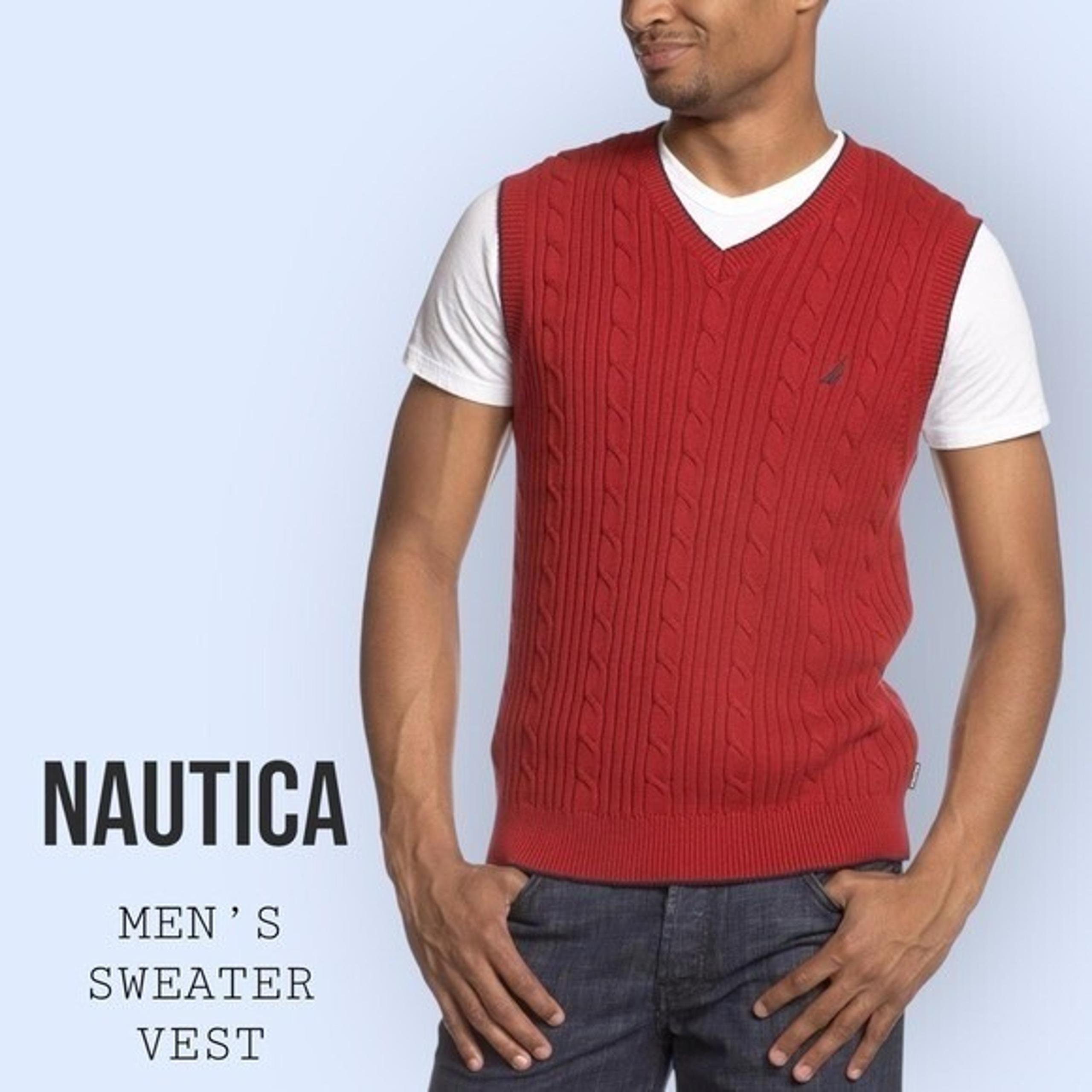 NAUTICA Men's Red Cotton Cable Knit Sweater Vest, Large