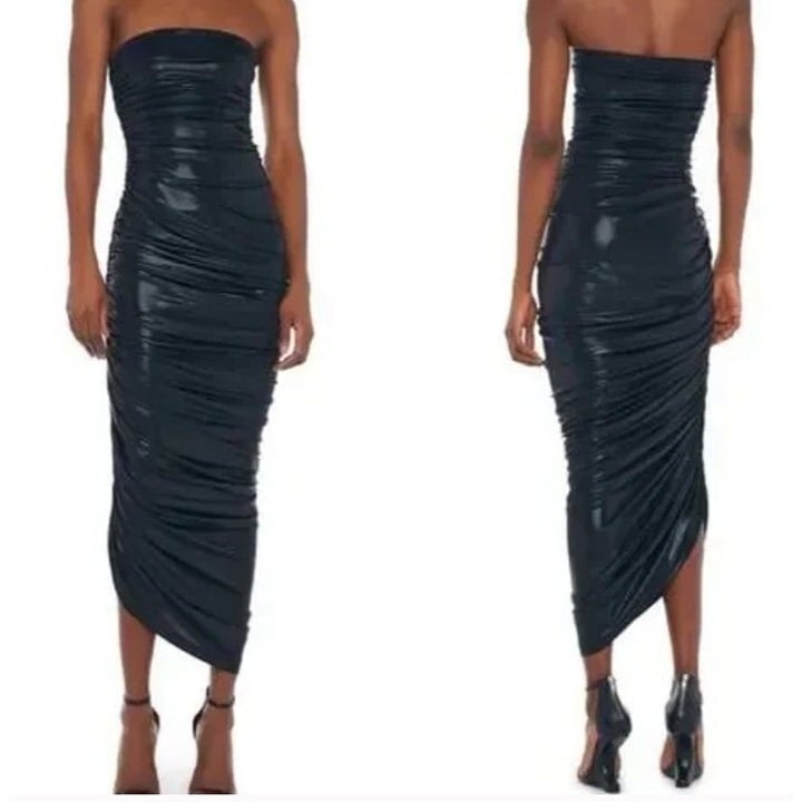 Norma Kamali Womens L Black Metallic Strapless Diana Asymmetric Ruched Gown NWT