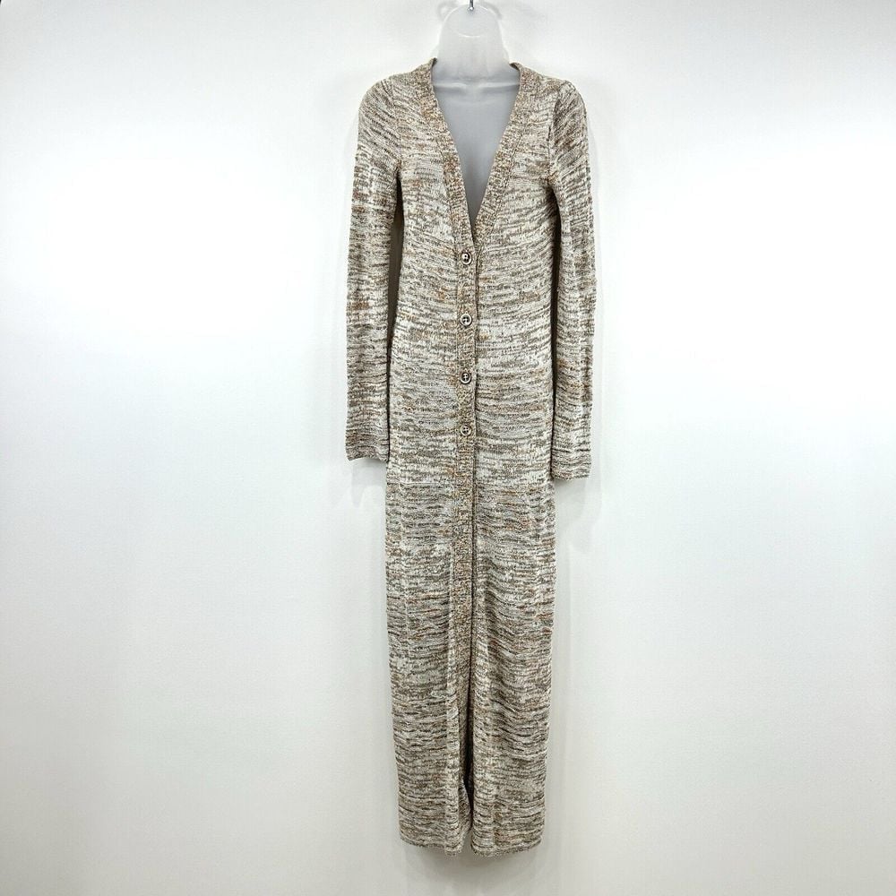 Free People Duster Cardigan Womens XS Taupe Floor Length Linen Blend Boho Button
