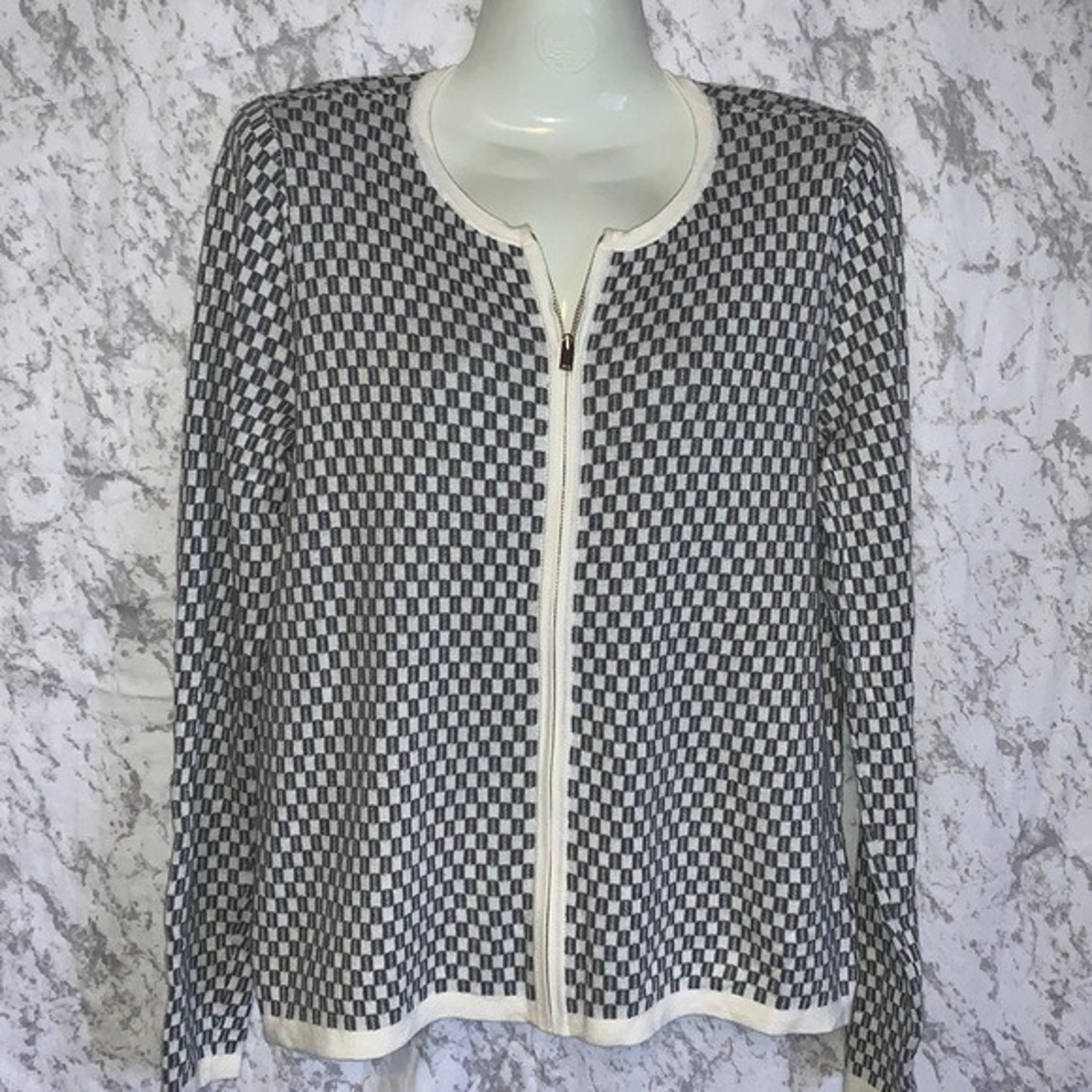 ANN TAYLOR FACTORY ZIP FRONT SWEATER GRAY AND CREAMY WHITE SIZE MEDIUM