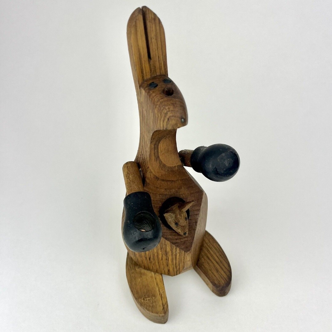 Vintage Swank Japan Wood Boxing Kangaroo Sewing Desk Caddy Pipe Holder Kitsch