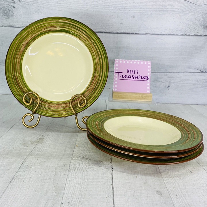 Gibson Home Green Rim Cream Center Oven Safe Ceramic Shallow Pasta Bowls Set 4