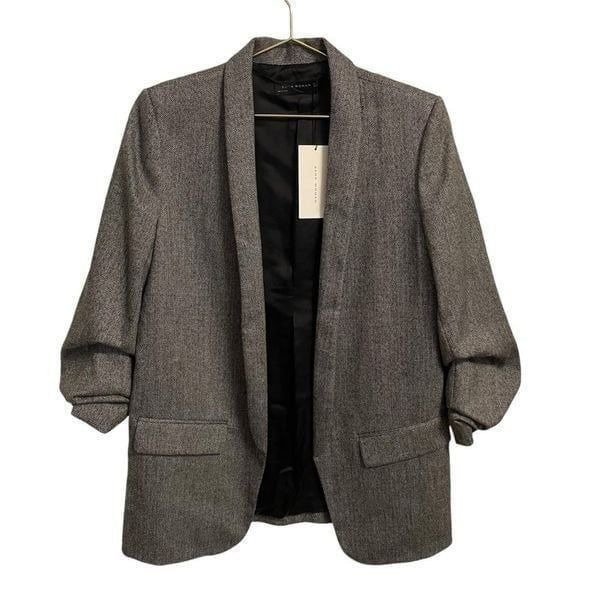Zara Open Front Ruched Sleeve Blazer Grey Black Size L NWT