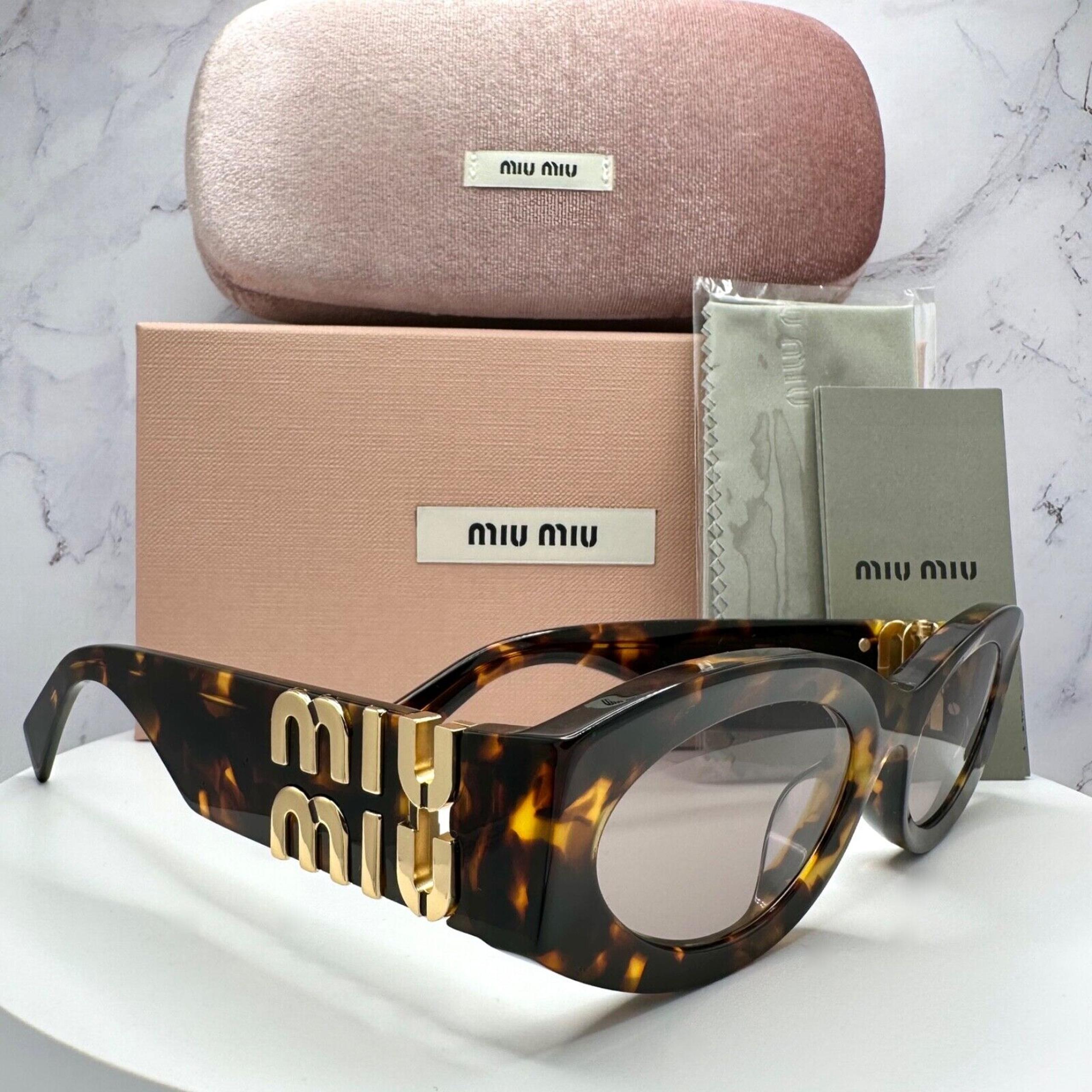 New MIU MIU Sunglasses Brown Tortoise Shell Oval Acetate Gold Logo Italy