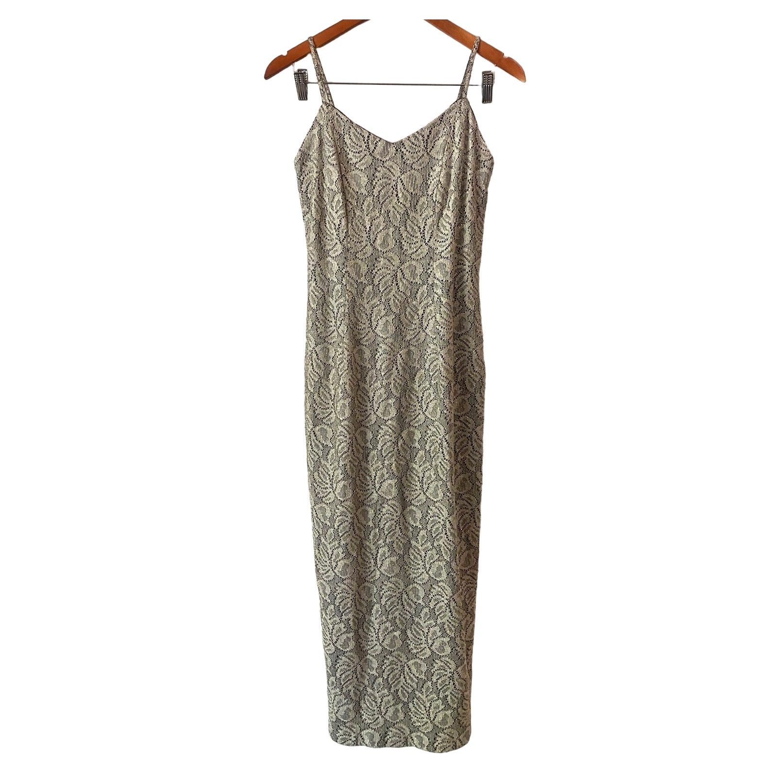 Vintage Dave & Johnny Fitted Evening Midi Dress US 7/8 Floral Silver Beige Glam