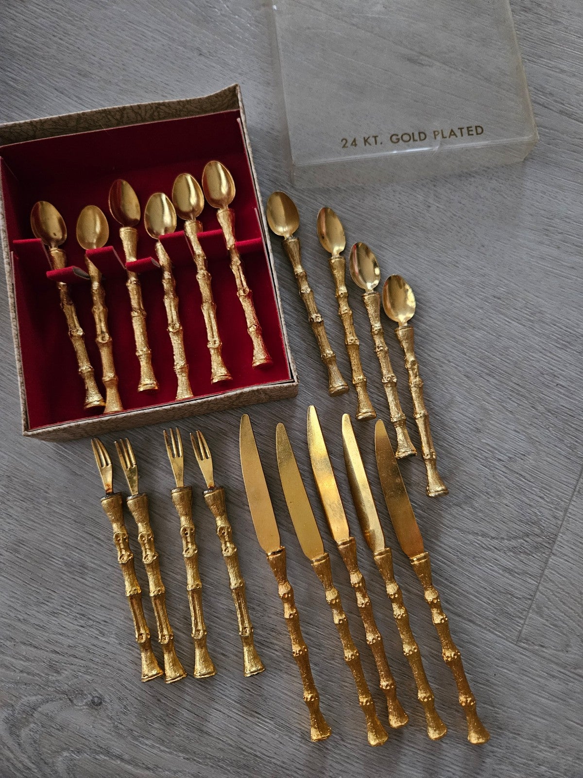 24K Gold new plateful Vintage collectors cutlery, bamboo style. Dainty, small