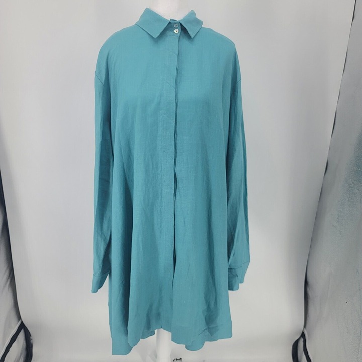 Comfy USA Linen Back Zip Tunic Top Long Sleeve Teal Blue Collared Womens Size 2X