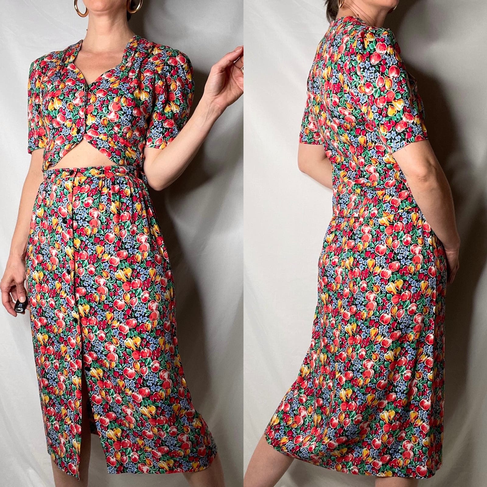 Vintage fruit print coord matching set midi dress tomato girl skirt blouse top S