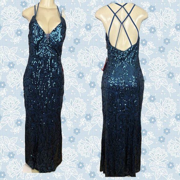 Morgan & Co Jrs 11 Peacock Teal Blue Swirl Sequin Open Straps Back Evening Gown