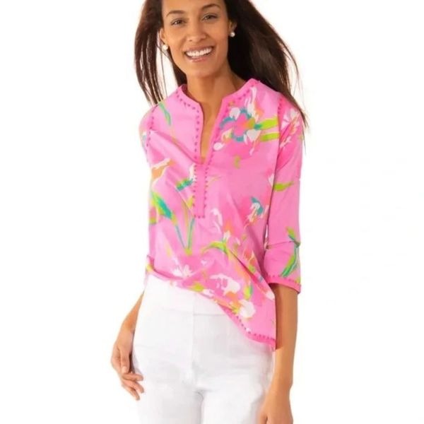 Gretchen Scott Tuemi Iconic Iris Pale Pink Embellished Tunic Sz S Girly Coastal