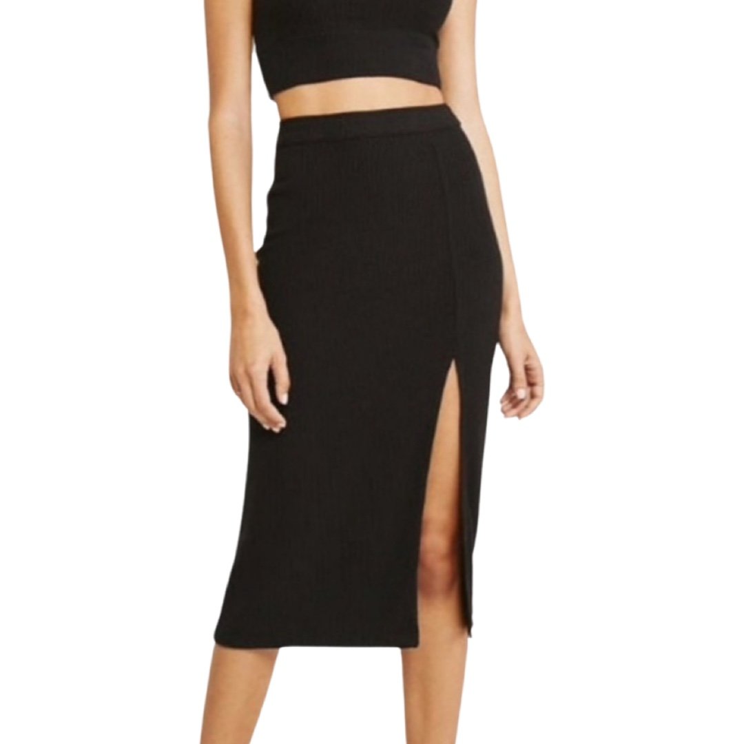 NWT Abercrombie & Fitch Ribbed Midi Skirt Side Slit Black Size XS