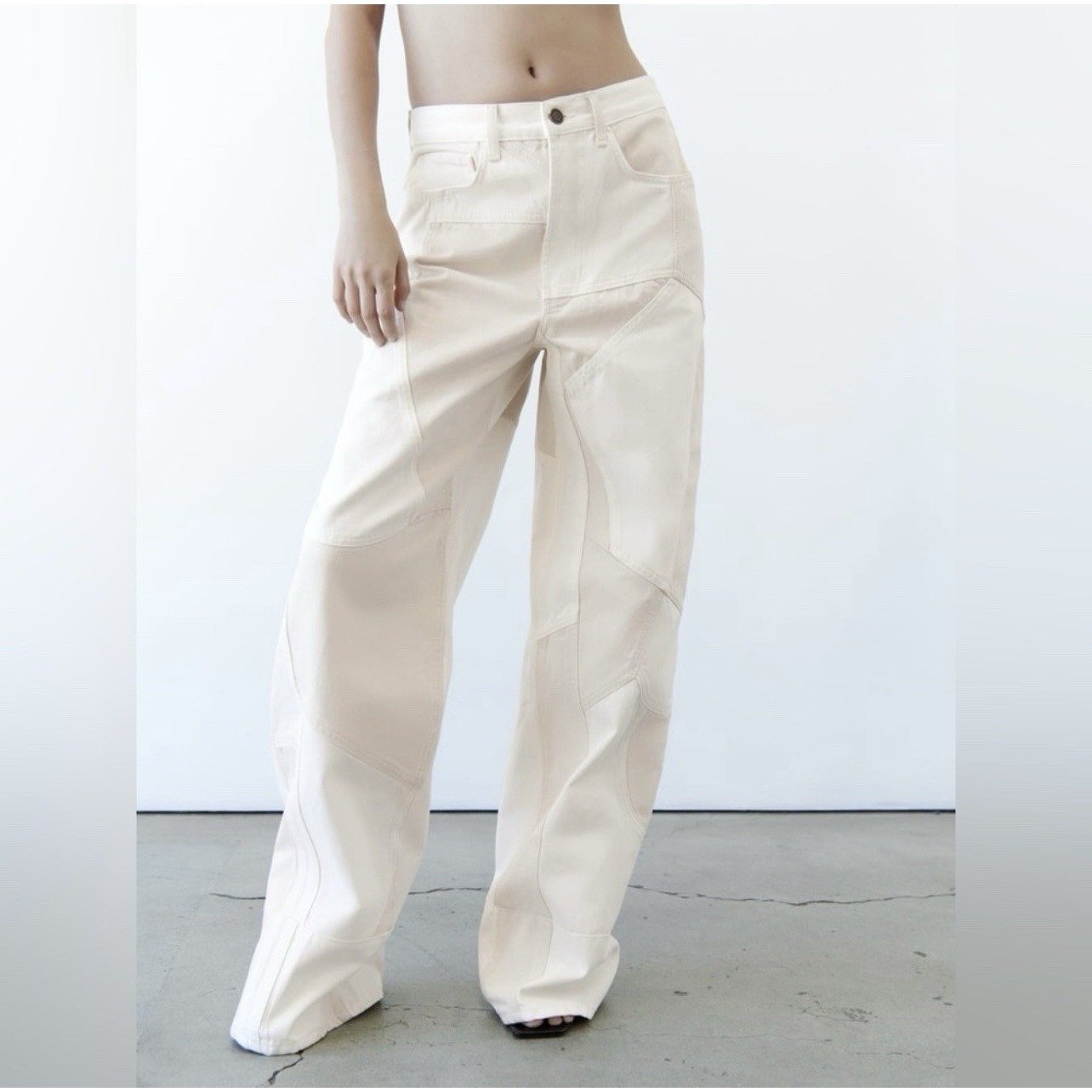 ZARA NWT Ladies Patchwork Relaxed Fit Premium Denim Cargo Pants, Cream, Sz 10.