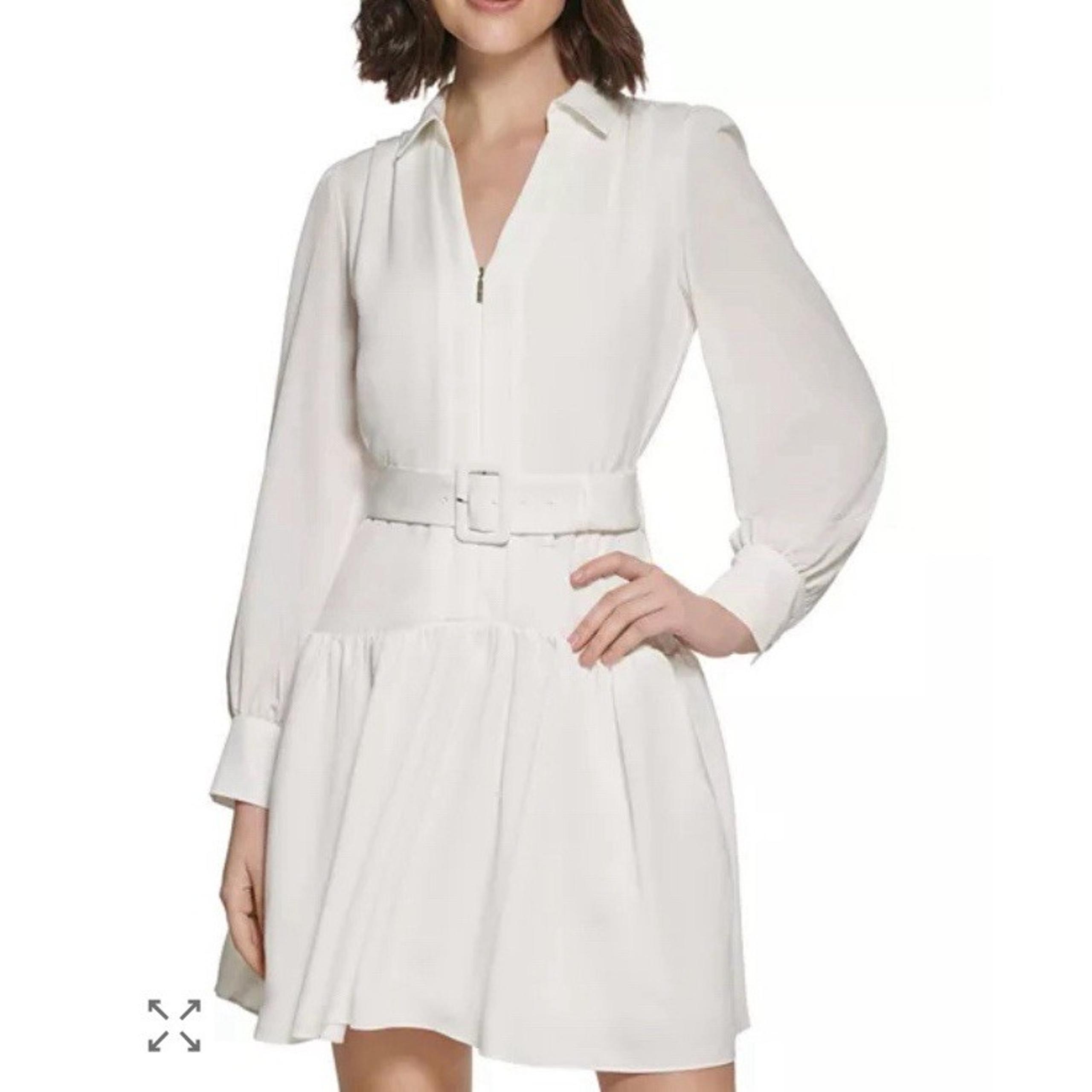 KARL LAGERFELD PARIS Crepe Drop Waist Dress White Size 8 Belted Zip Front