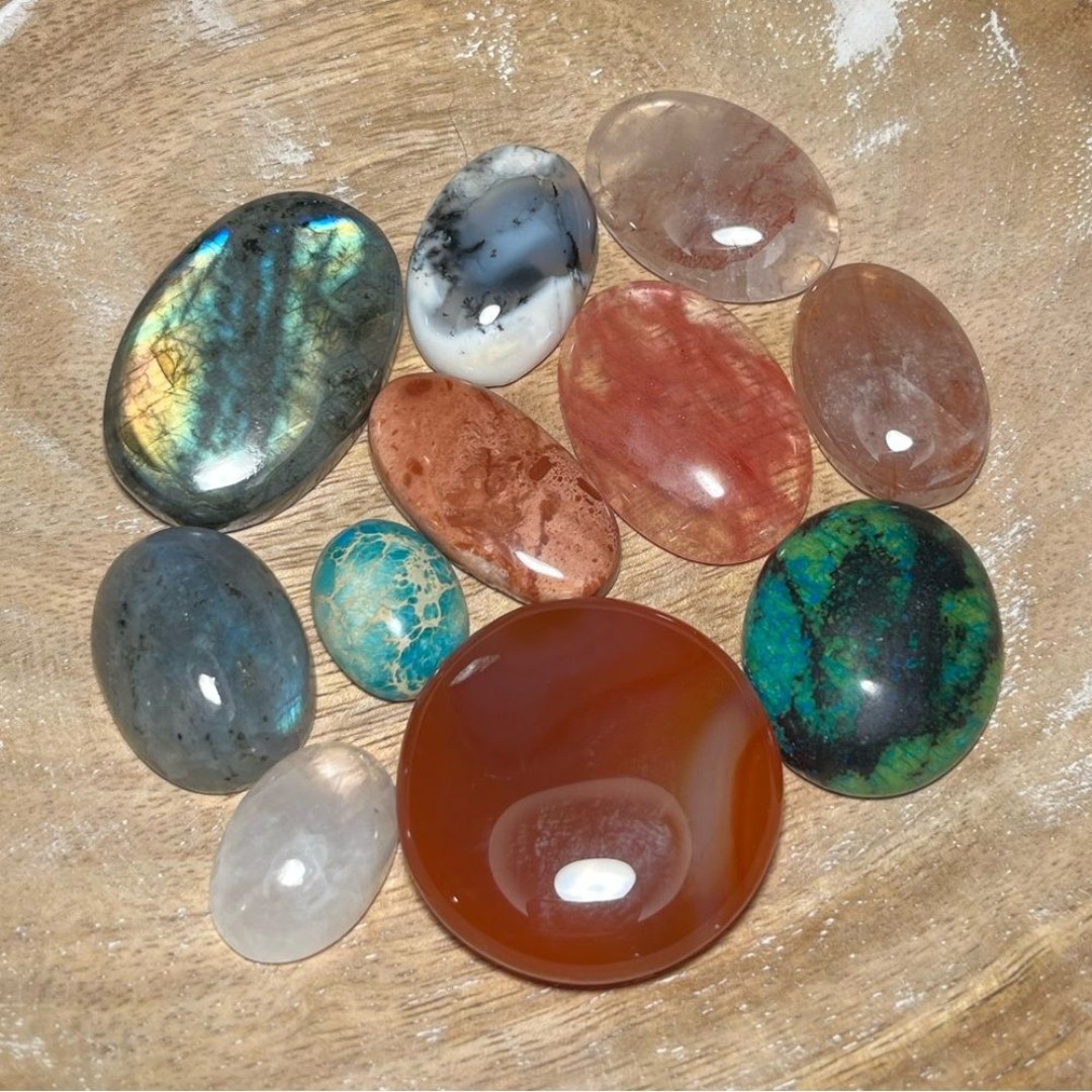 Lot of 11 Mixed Natural Gemstone Cabochons & 1 Palm Stone Crystal