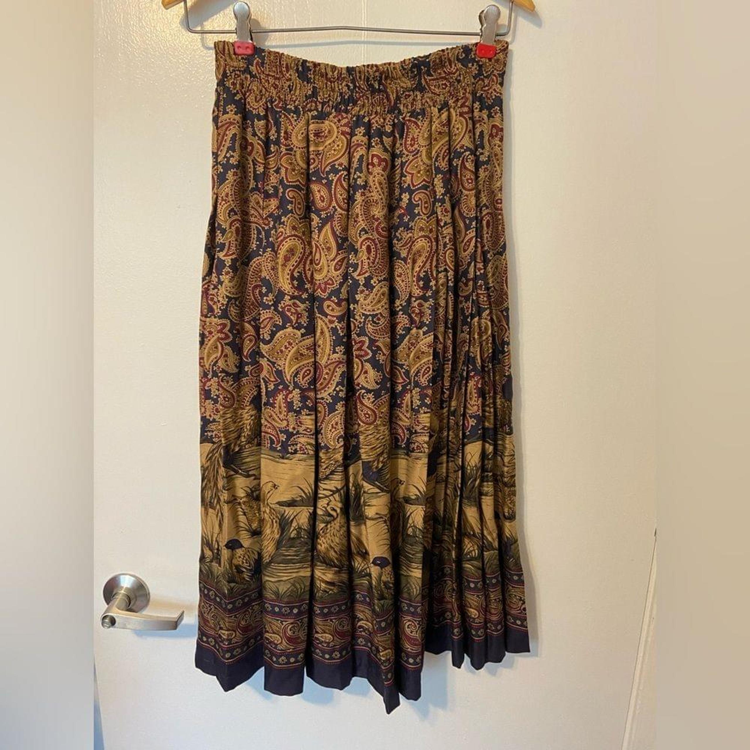 Vintage Marisa Christina Classics Maxi‎ Pleated Maroon Gold Paisley Bird Skirt