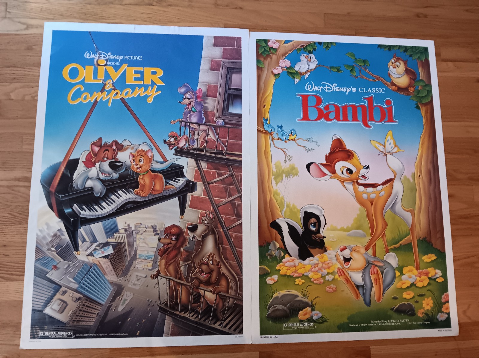 Vintage 1988 Bambi + Oliver & Company Movie Theater Original Sheet Poster Lot