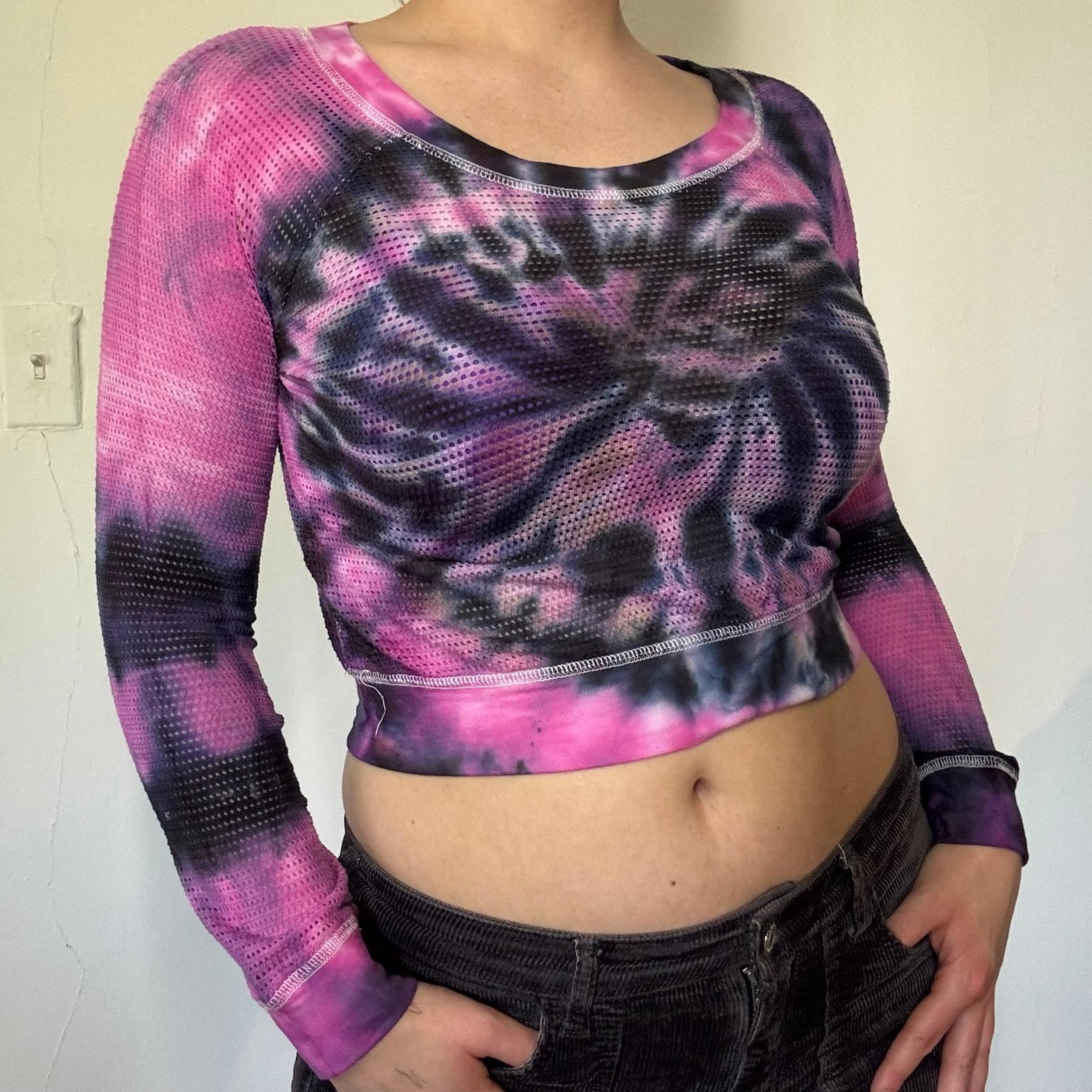 Hot Pink and Black Tie Dye Mesh Crop Top