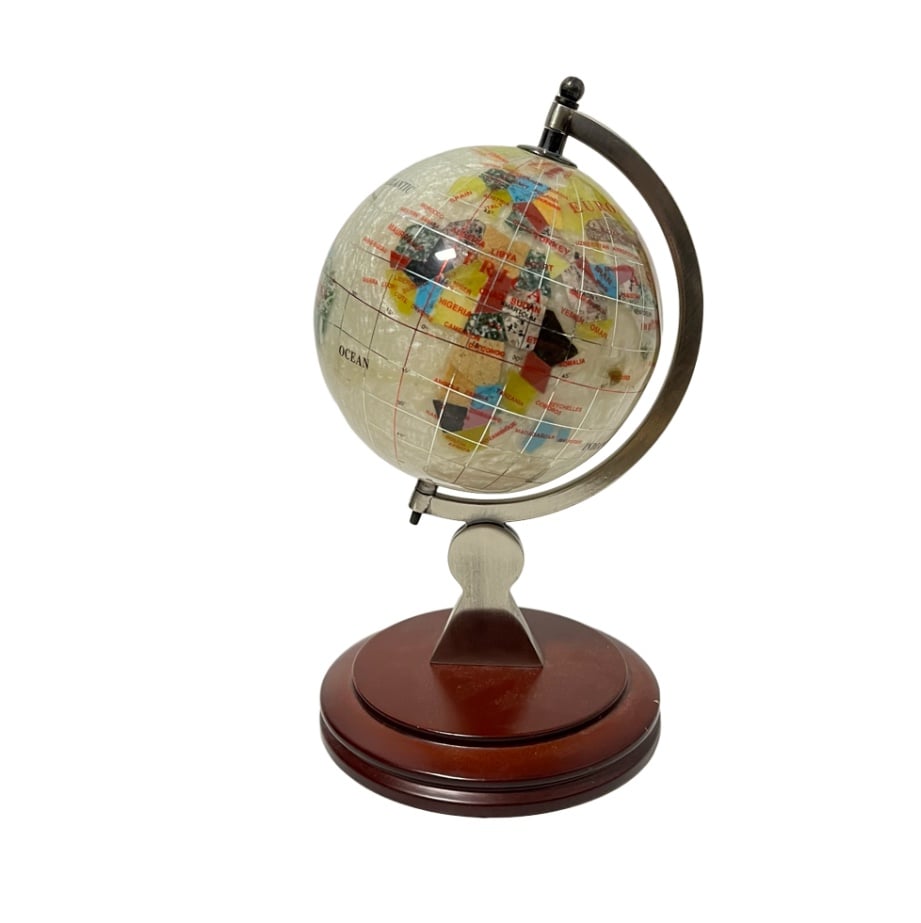 Vintage Gemstone Map Globe Wooden Lacquer Base Figurine Paperweight Geography