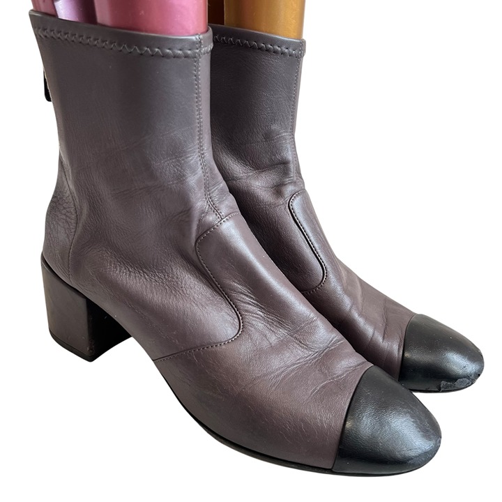 Chanel sock boots 38 womens gray lambskin cap toe black bootie block heel logo