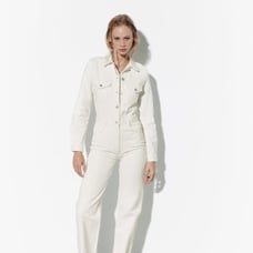 Zara White Denim Jumpsuit Long Sleeves Straight Wide Leg Women's Size S