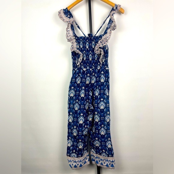 Sea New York Blue Floral Heart Boho Cotton Smocked Jumpsuit