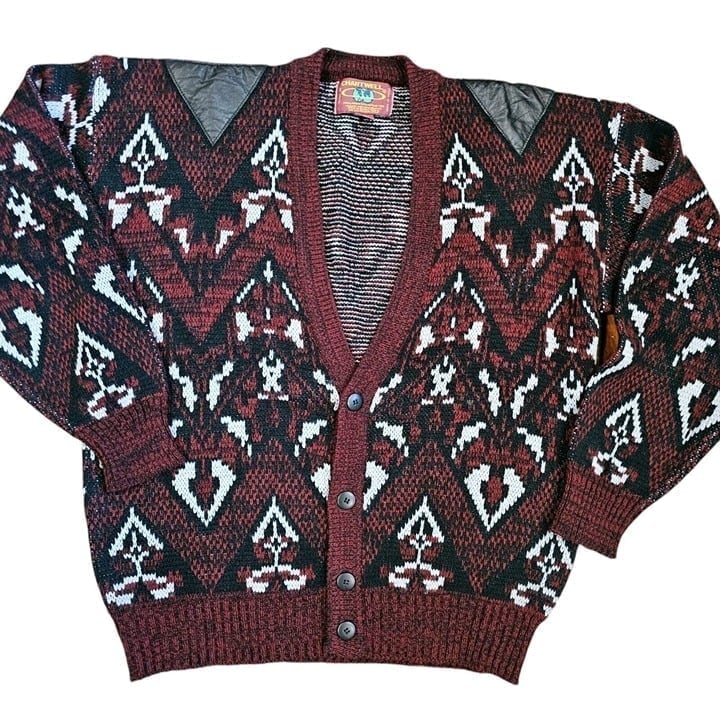 Vintage Mens Medium Grandpa Cardigan Sweater Maroon Geometric Leather Accents