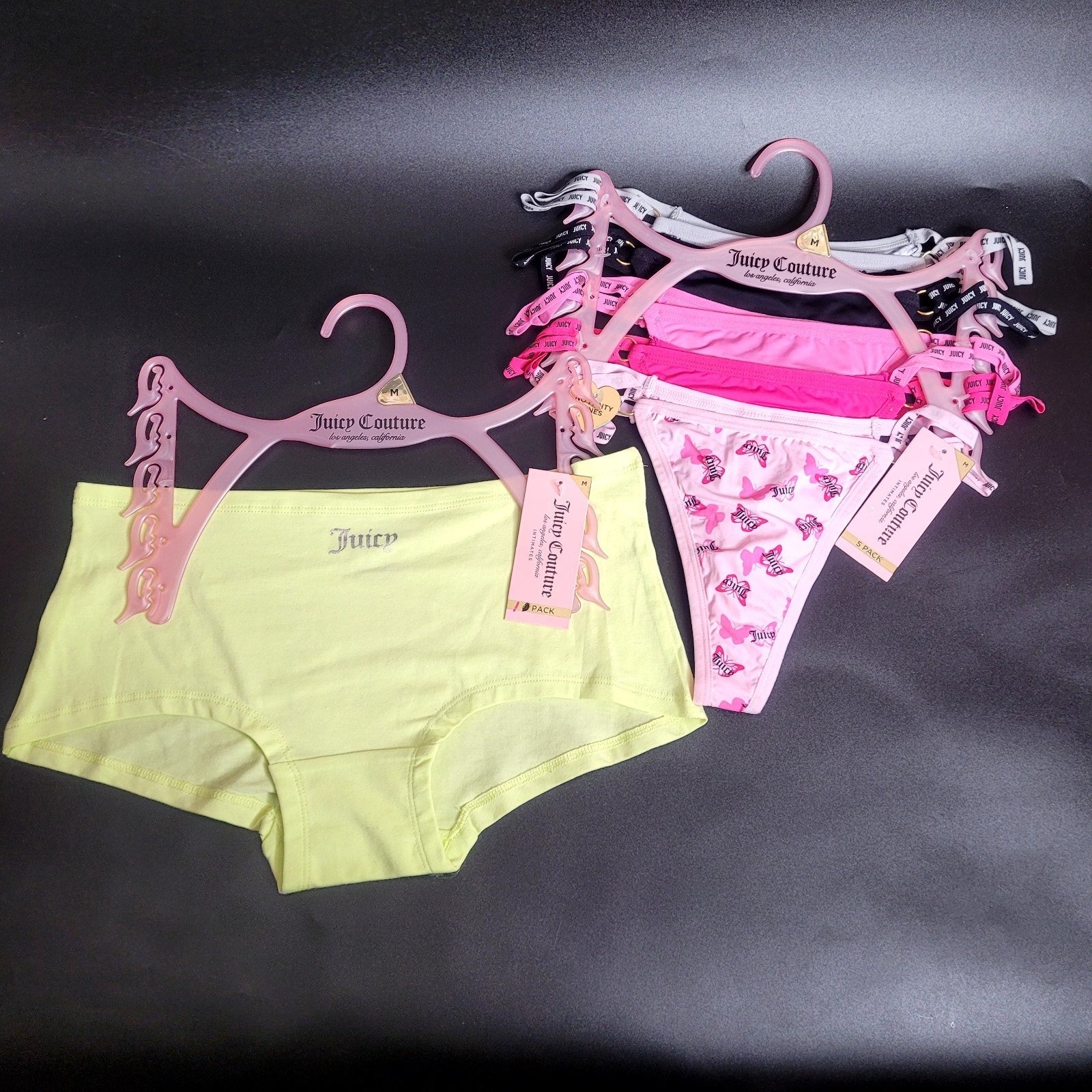Juicy Couture 5 Pack Pink Butterfly Thongs / 1 Pair Green Boy Shorts Sz M NWT