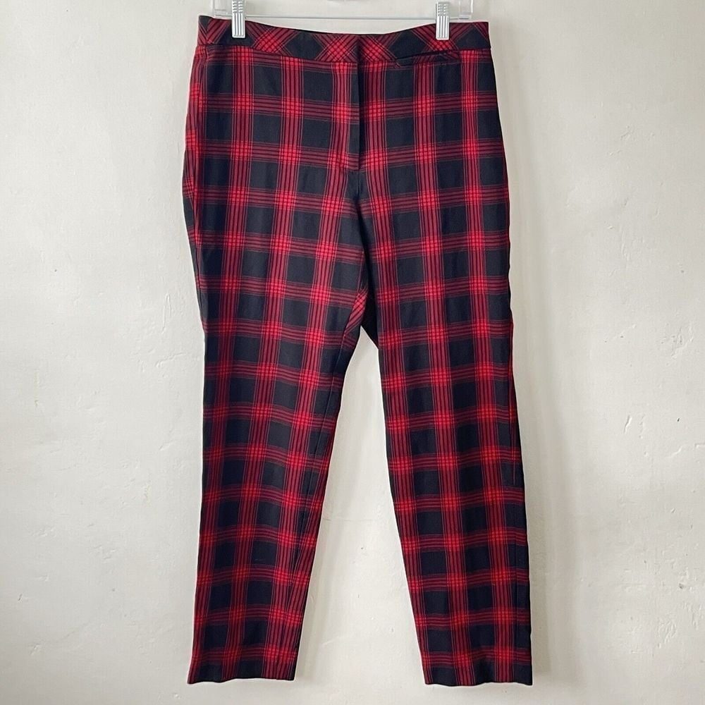 J.Jill Premium Bi-Stretch Plaid Trouser Pant Red Size 10 Preppy Clueless Classic