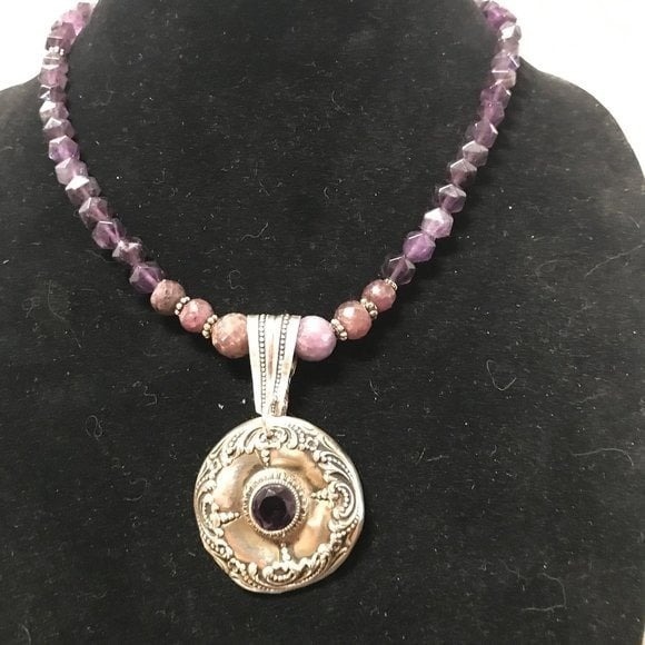 Antique Sterling Silver 925 Amethyst Genuine Ruby Gemstone Necklace Pendant