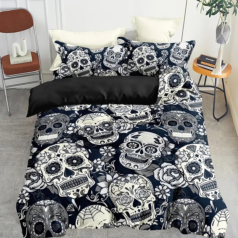 3pc Skull Duvet Cover Set Black and White Floral Skull Skeleton Bedding