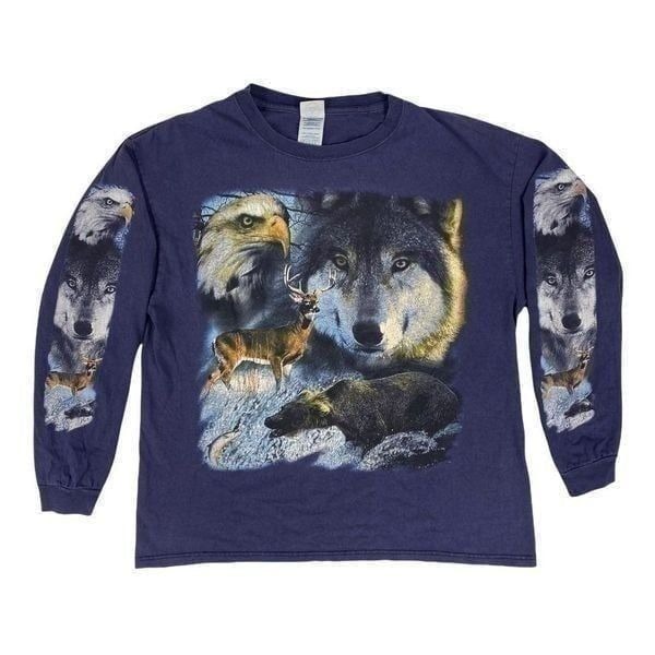 Vintage 2003 Wolf Eagle Bear Deer Outdoor Nature Long Sleeve Shirt