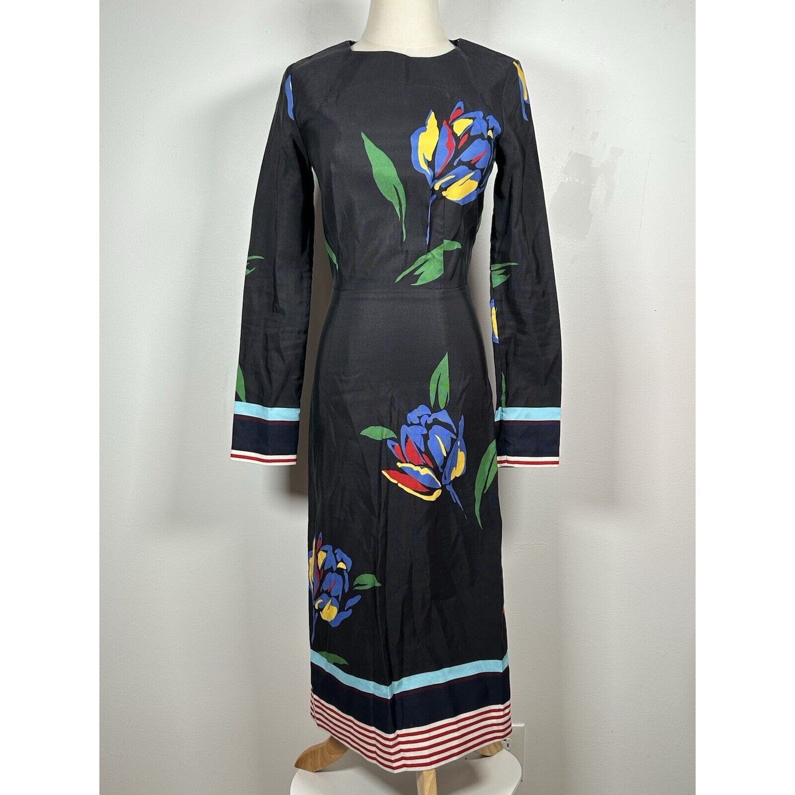SUNO Floral Midi Long Sleeve Round Neck Sheath Black Dress Women's Size 2