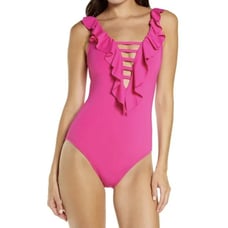 Bleu Rod Beattie Hot Pink Ruffle Lattice Plunge One Piece Swimsuit 20W