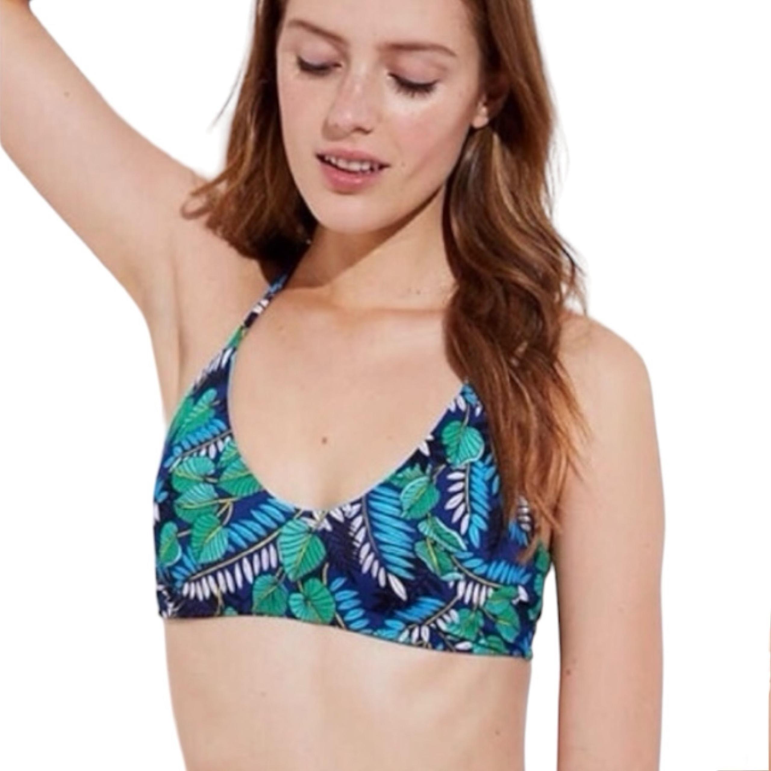 Ann Taylor Loft Beach Reversible Beach Palm & Ocean Blue Bikini Top size XL
