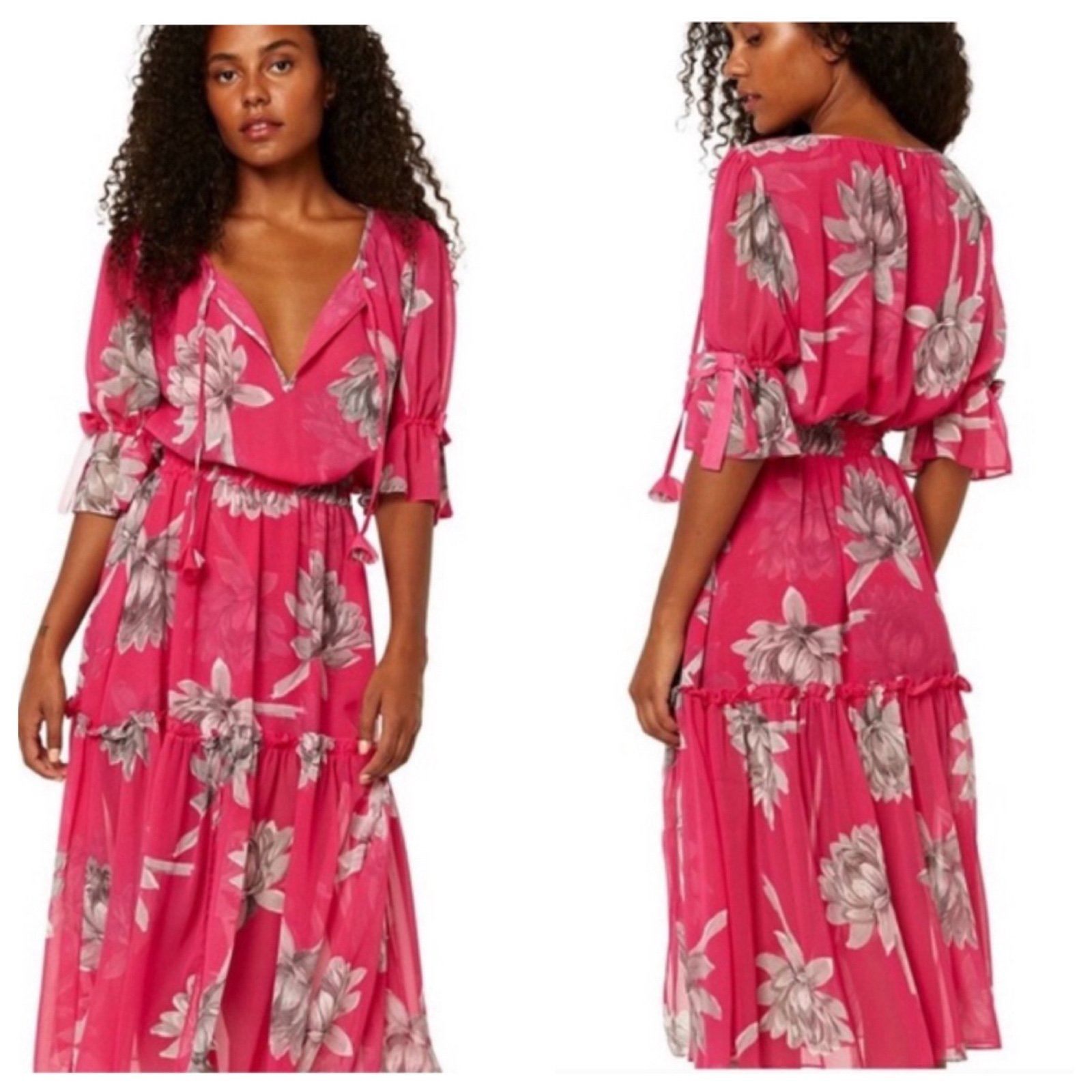 misa dariya pink floral print sheer midi dress tassels