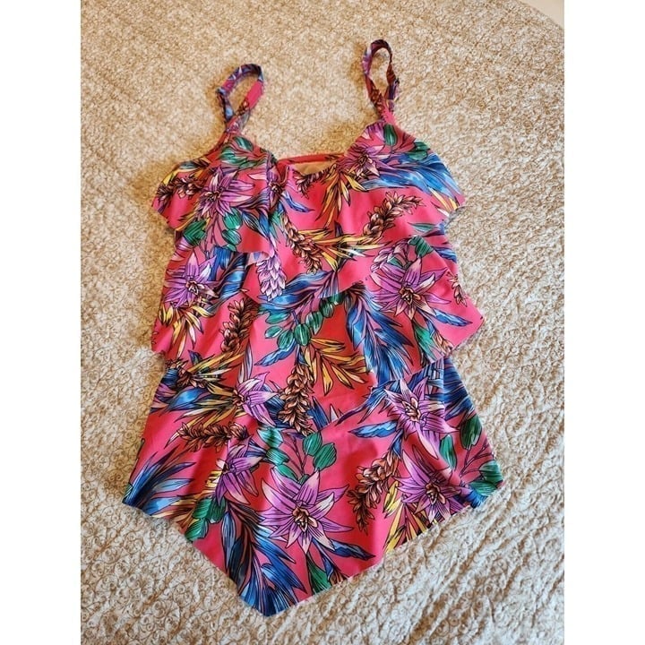 Ceeb Women's Tankini Swim Ruffled Top Padded Bra Adjustable Straps Size 14