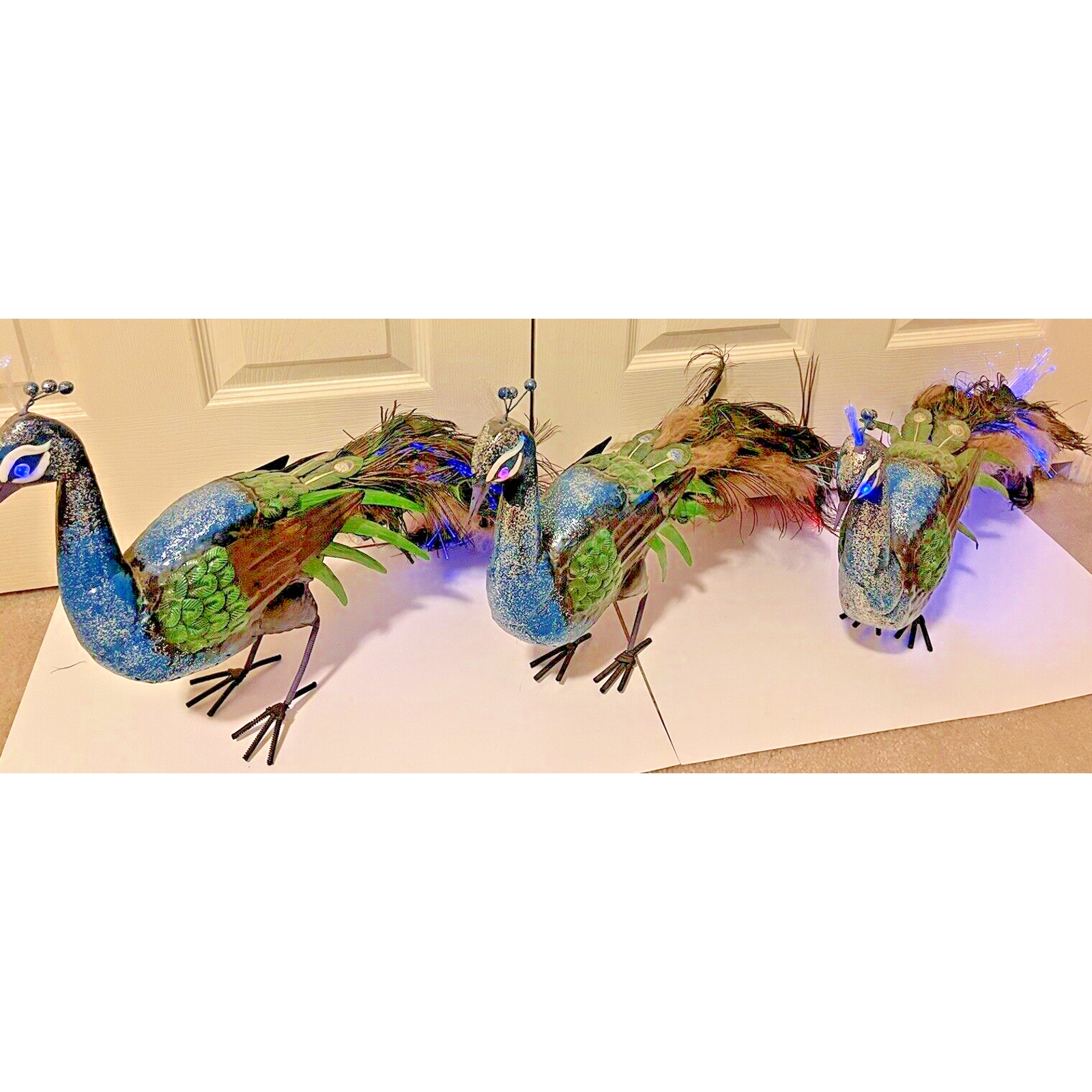 Vintage Set of 3 Metal Peacock Sculpture Decor Art Bird Statue Fiber Optic