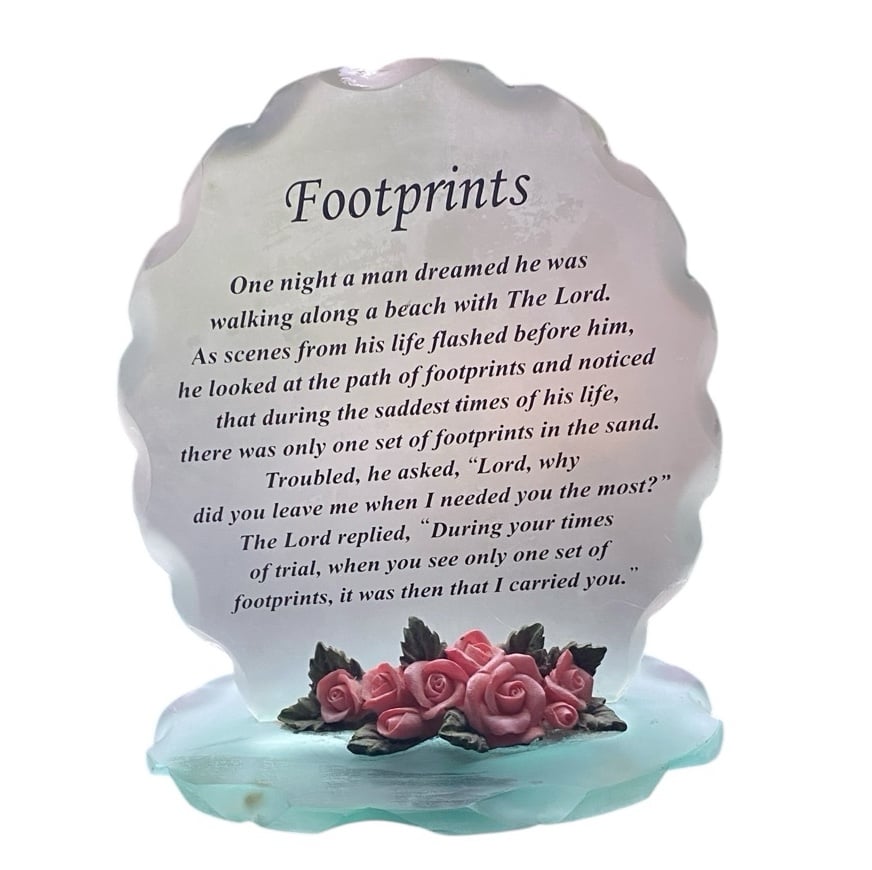 Vintage Footprints Poem Plaque with Pink Roses on Frosted Glass