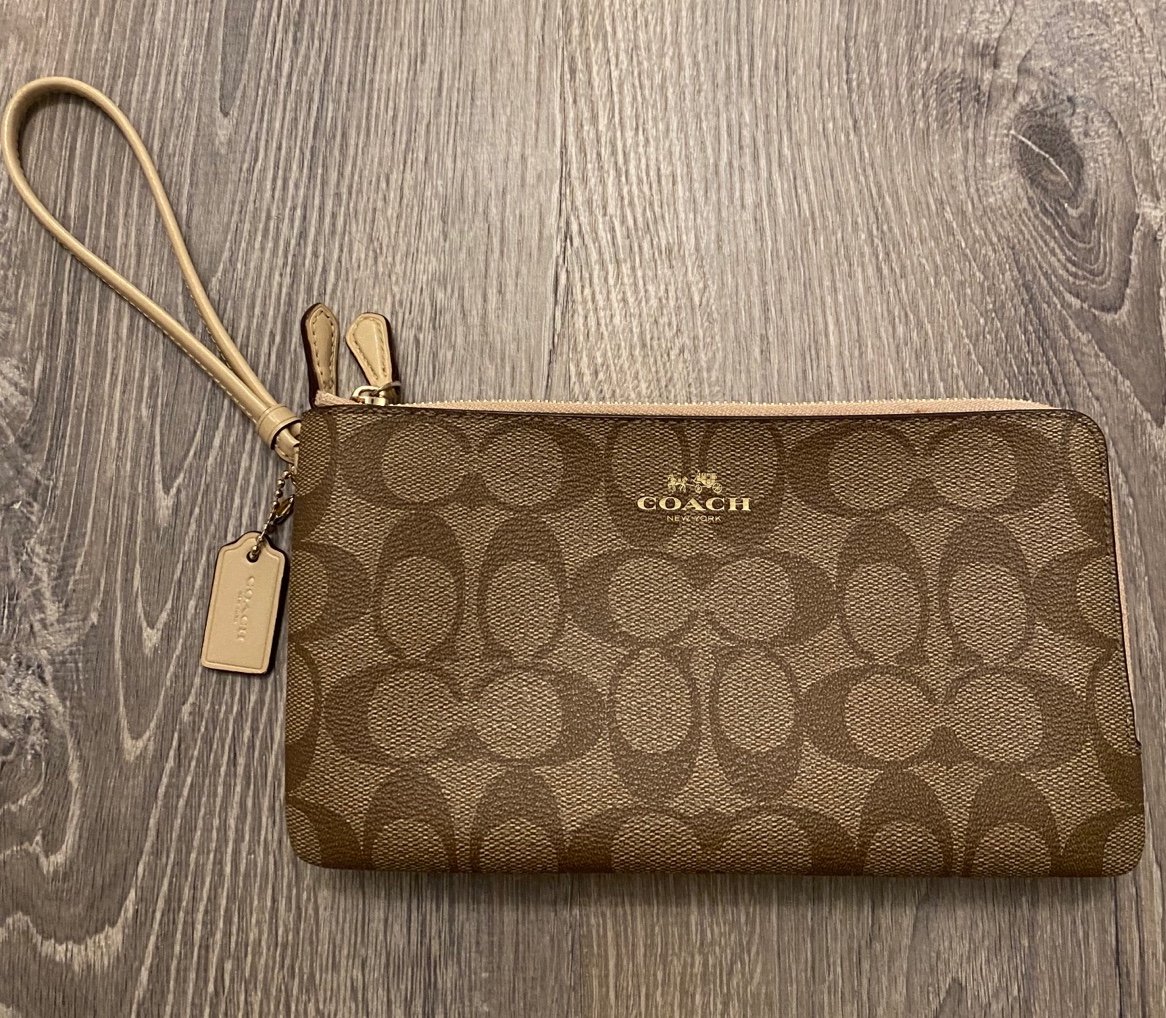 COACH Signature Double Corner Zip Khaki Wristlet Wallet