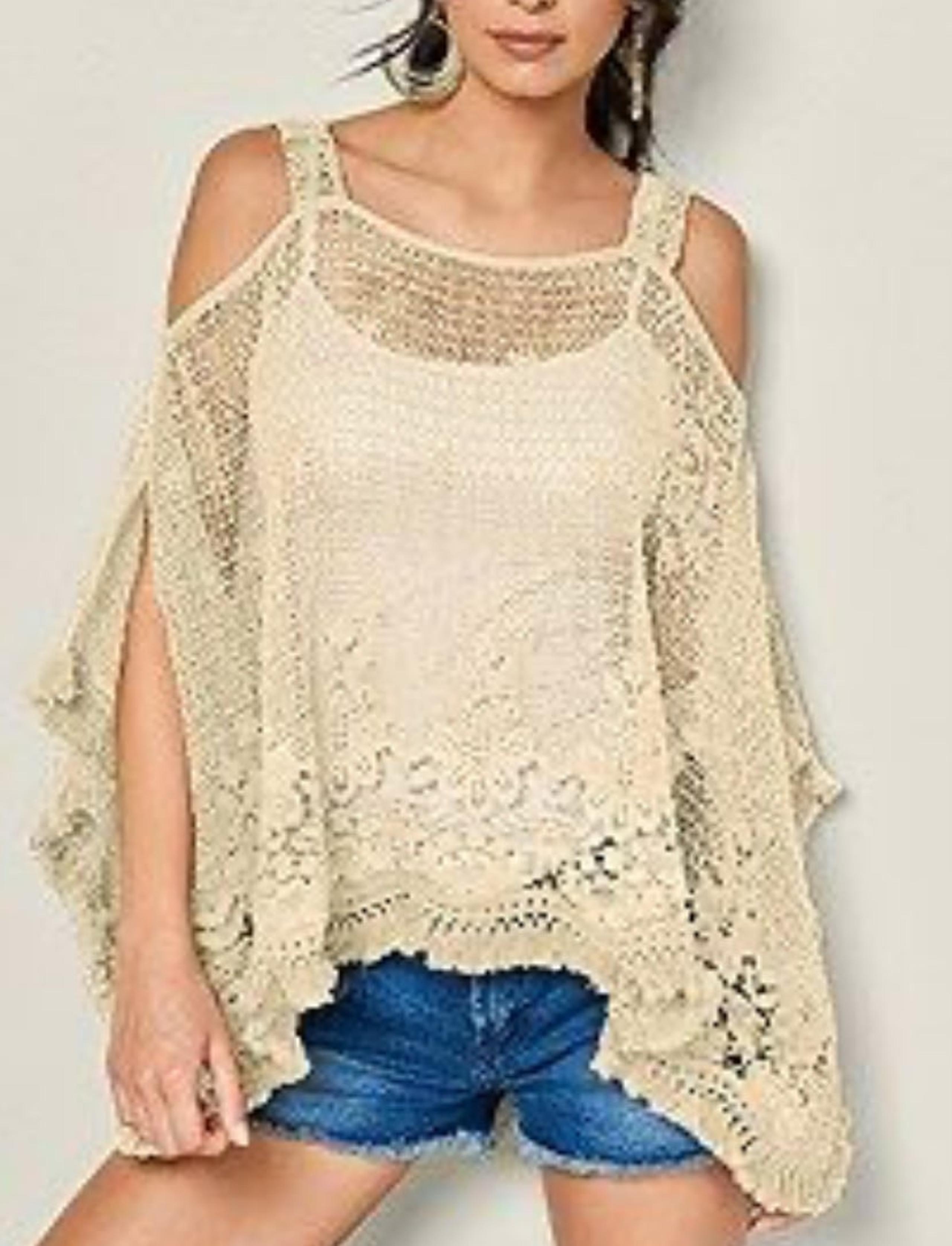 Venus - Cream Cotton Sleeveless Cold Shoulder Crochet Fringe Knit Top - L