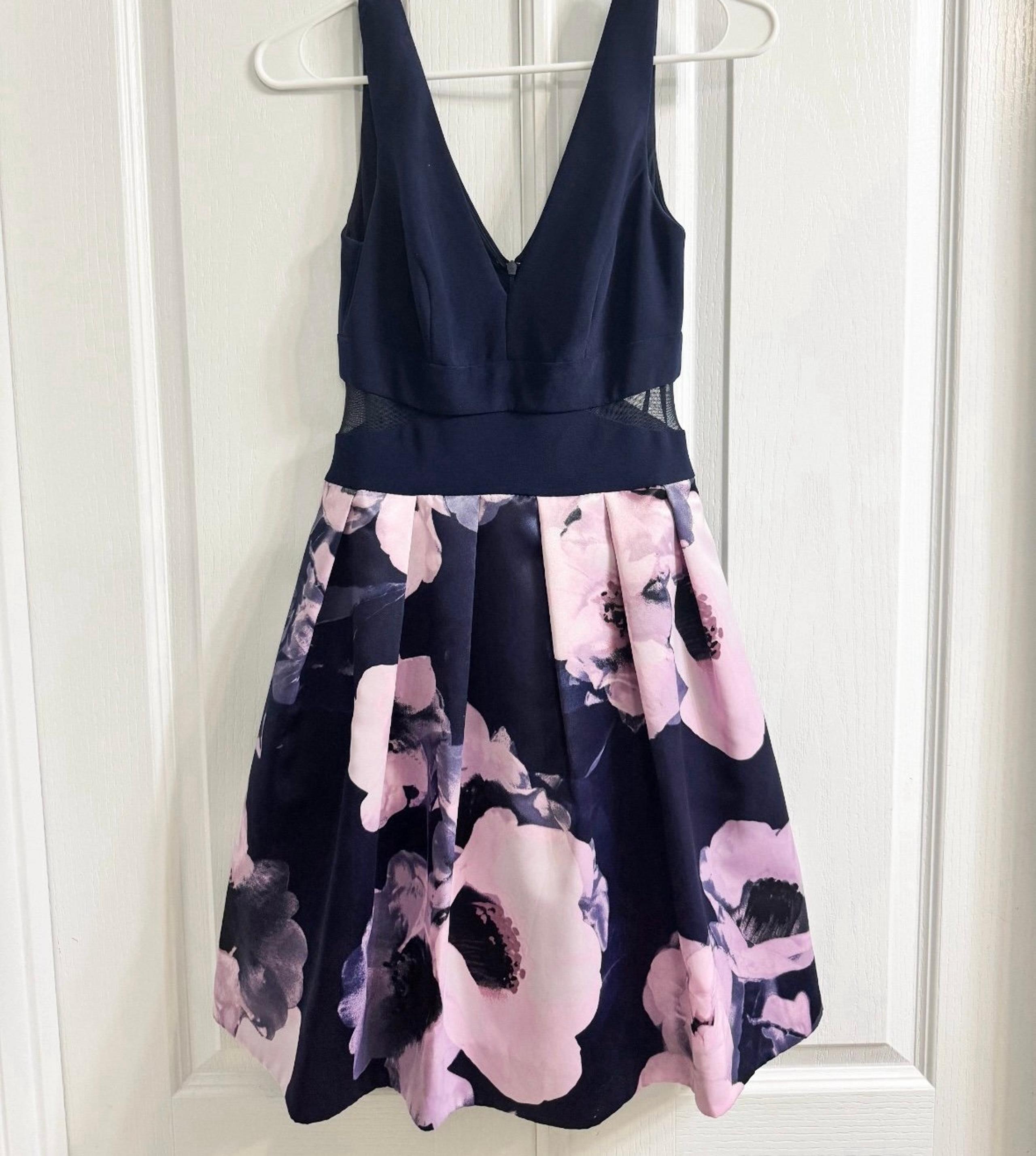 Xscape Navy Floral Cocktail Dress - Size 2