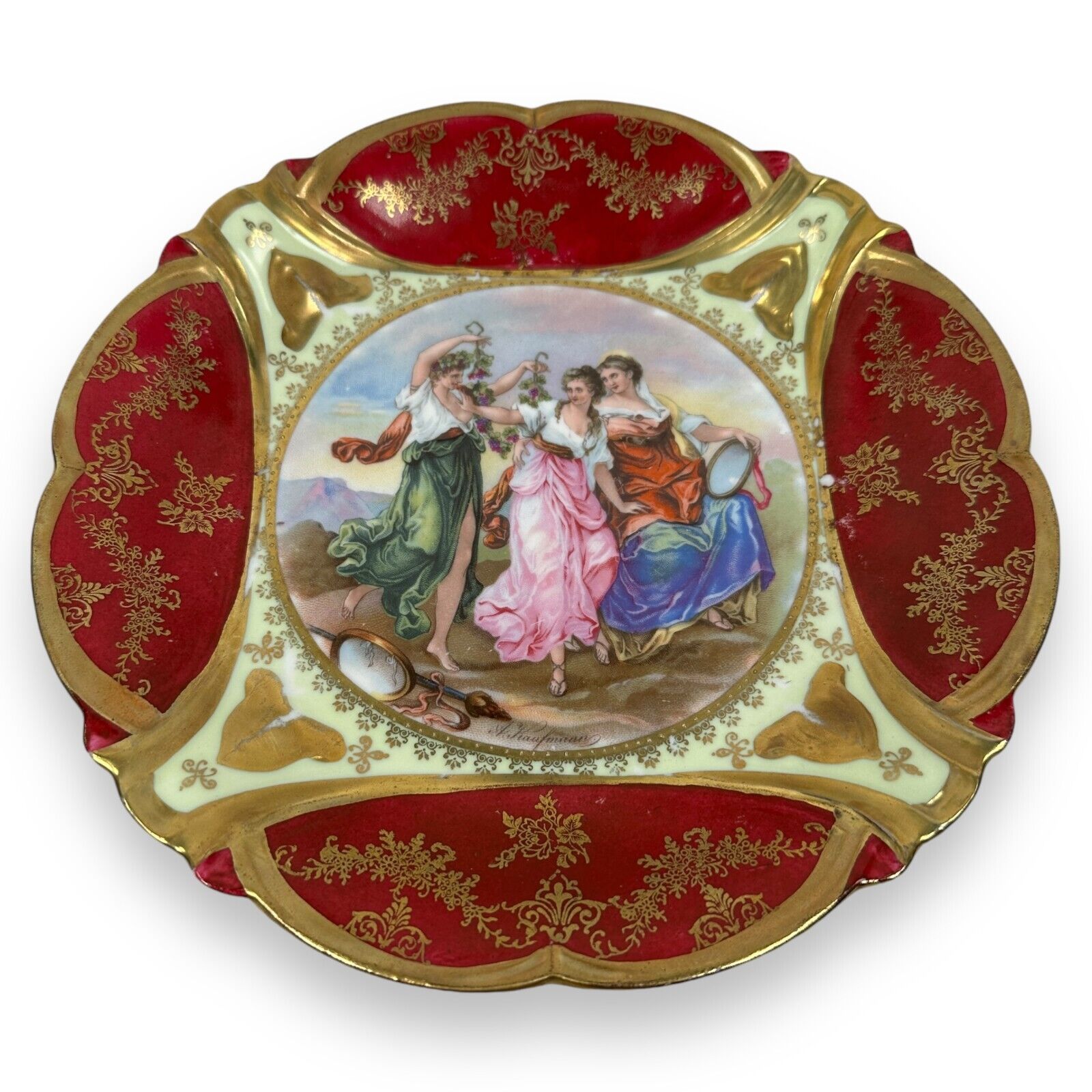 Vintage Erdmann Schlegelmilch Prov Saxe ES Plate 9.5 Antique Women Gold Red